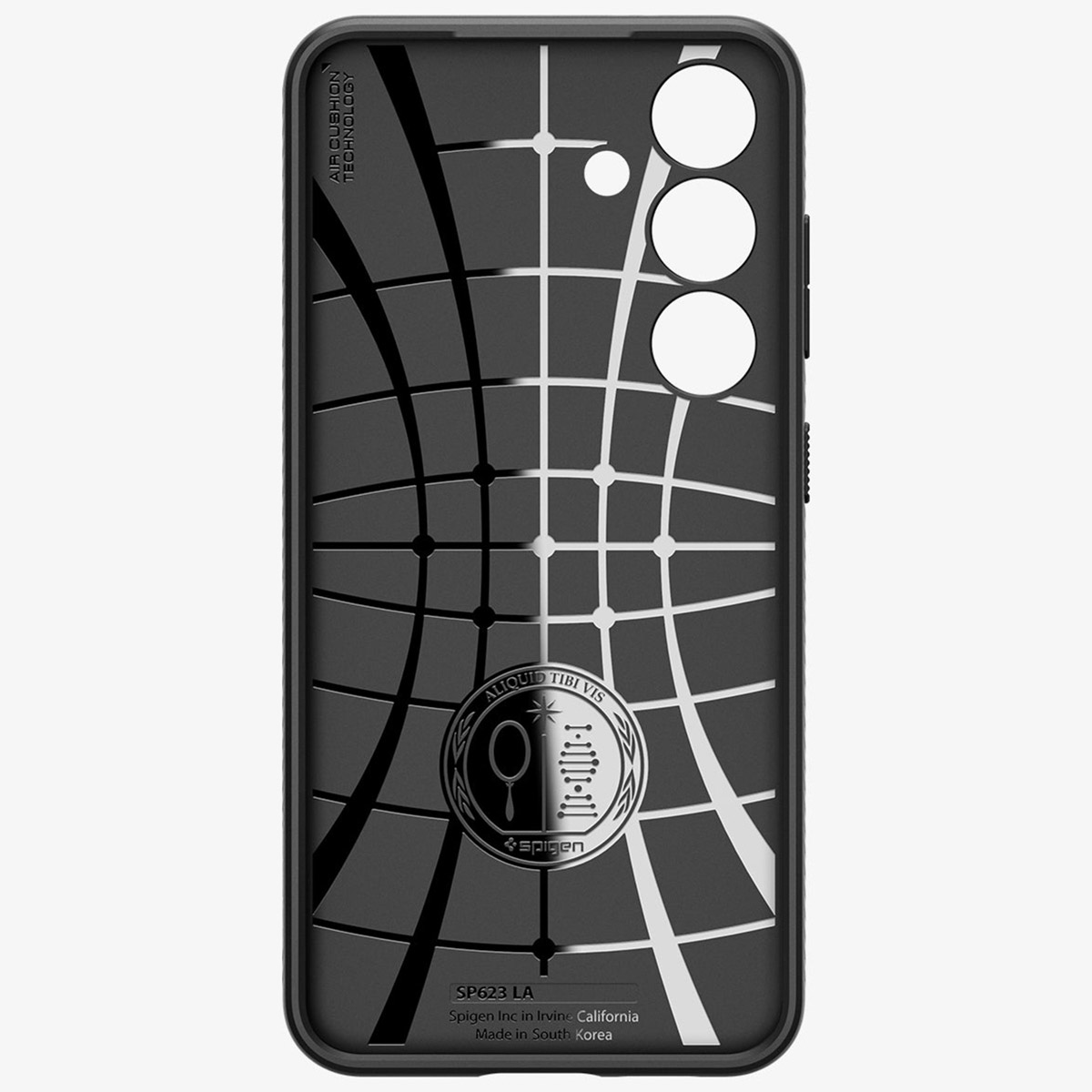 Étui de téléphone noir avec un motif quadrillé et le logo Spigen. L'étui a une finition brillante et mate.