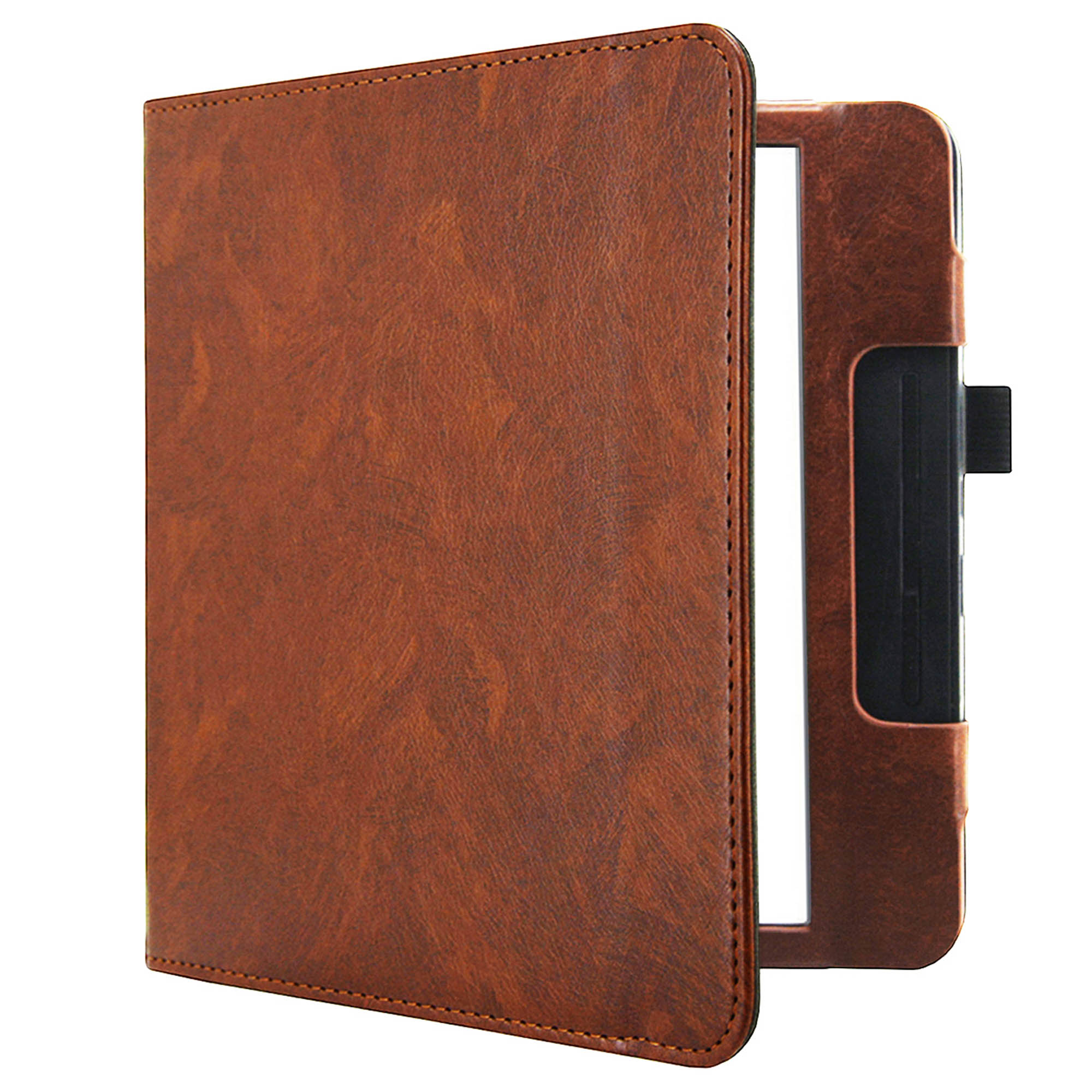 Bruine lederen hoes voor tablet, open, met zwart inzetstuk.