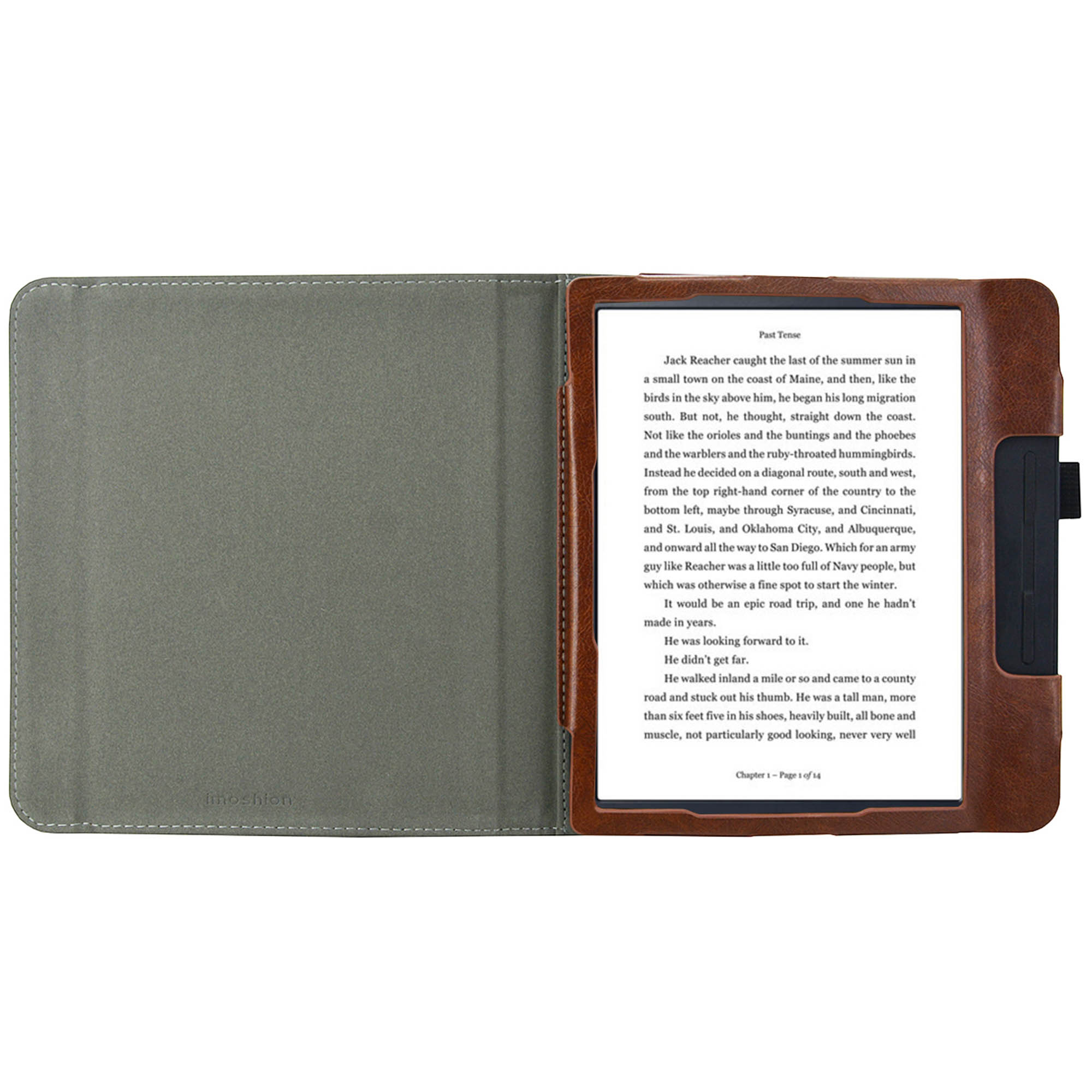 Bruine leren Kindle-hoes met grijze binnenkant en open scherm.
