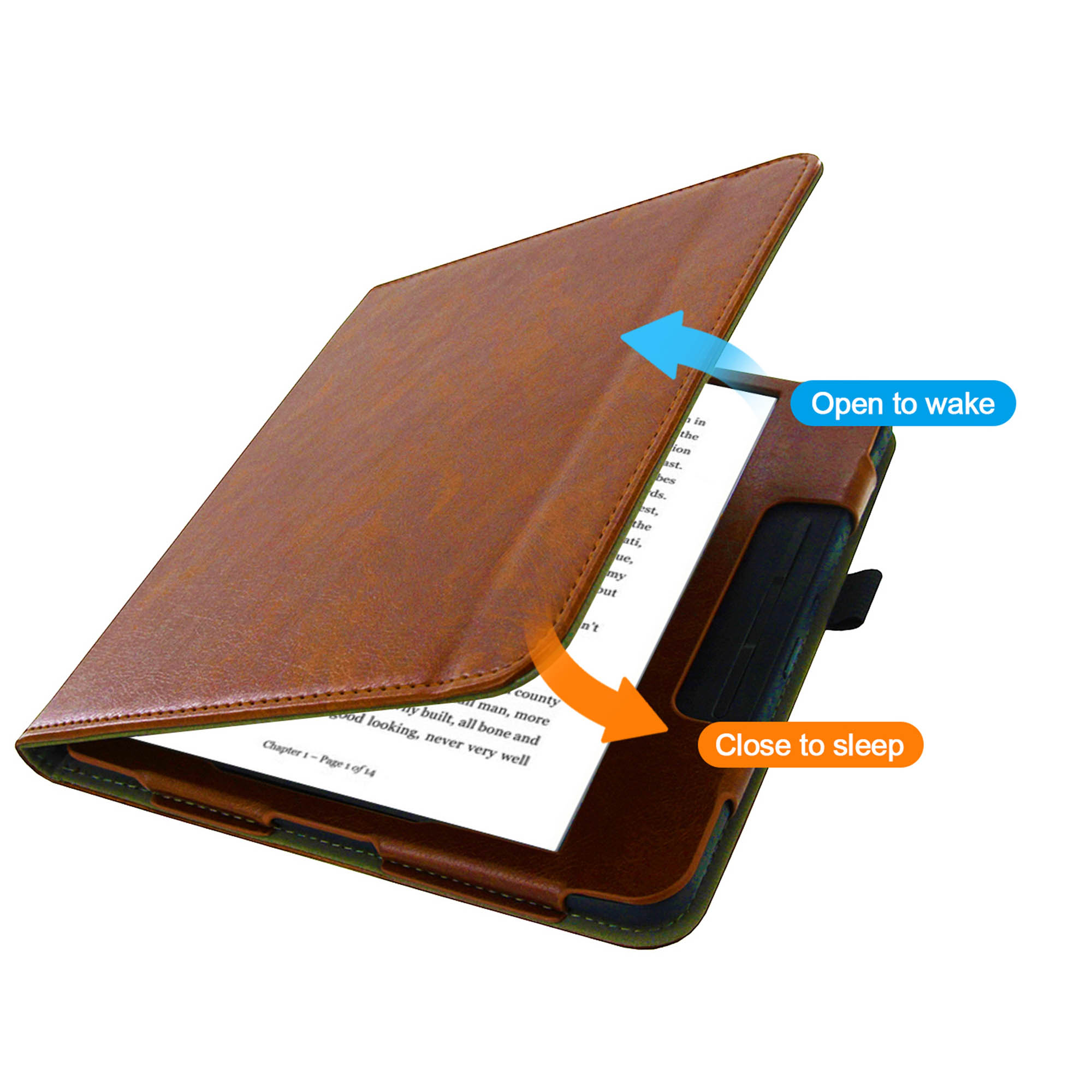 Een bruine e-reader hoes is open, met tekst op het scherm.