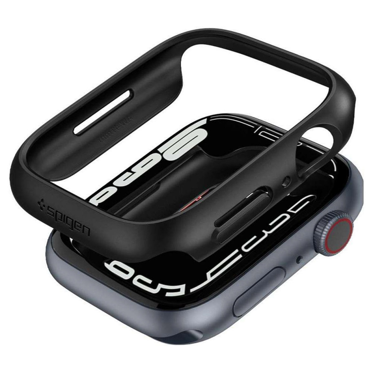 Black watch case on a smartwatch. The case has a raised edge and protects the screen.