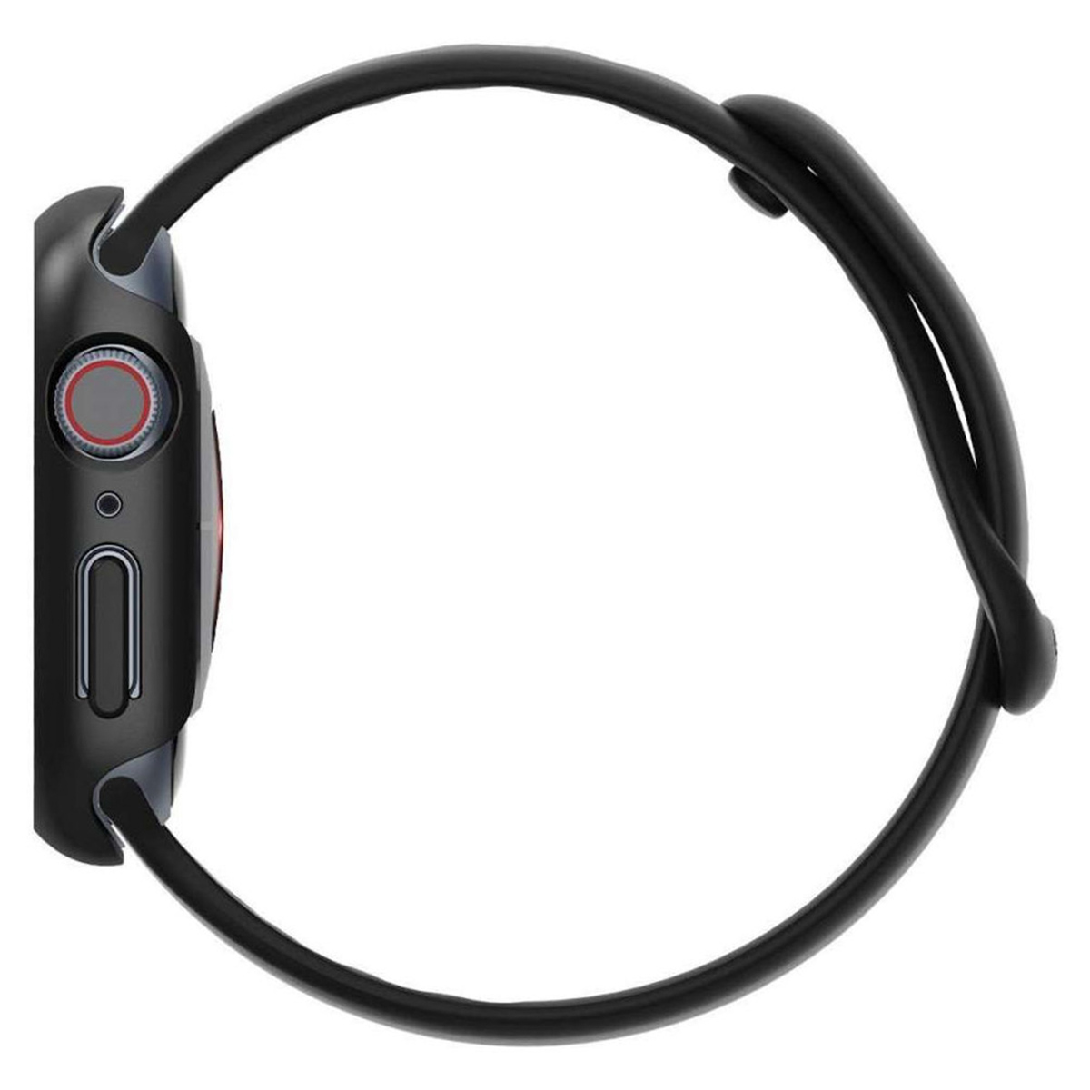Black smartwatch with black strap, side view. Watch shows time. Details visible.