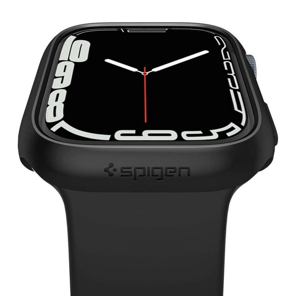Black Apple Watch with a black screen displaying time, in a Spigen case.