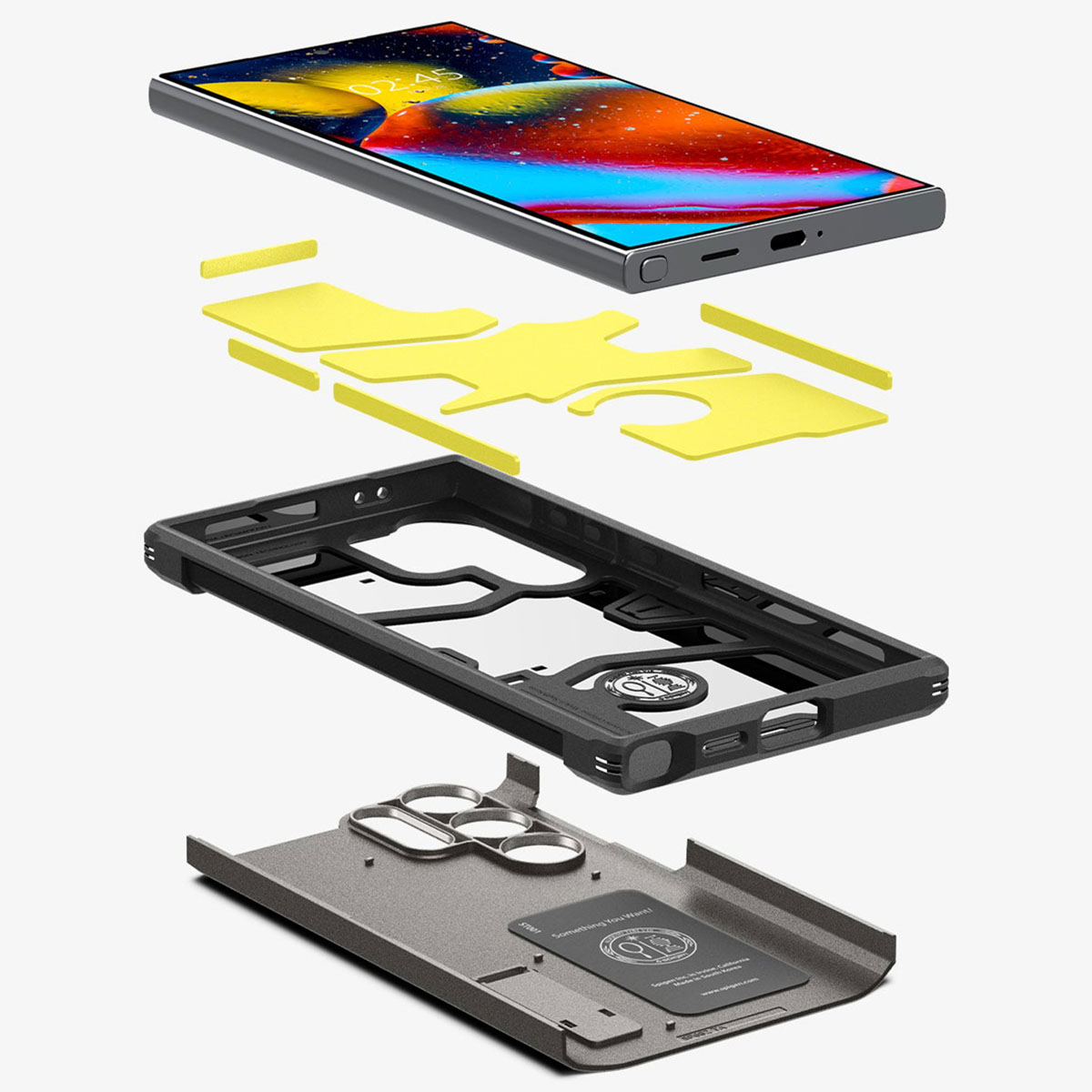Componenti di smartphone e custodia. Il telefono è grigio. Cuscinetti adesivi gialli visibili. Cornice nera.