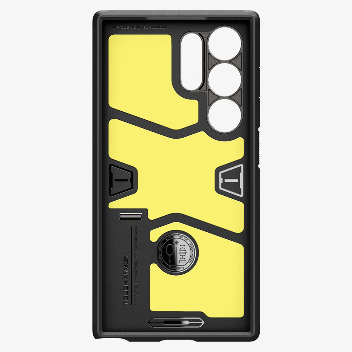 Interno della custodia del telefono con design giallo e nero, che mostra la tecnologia Air Cushion.