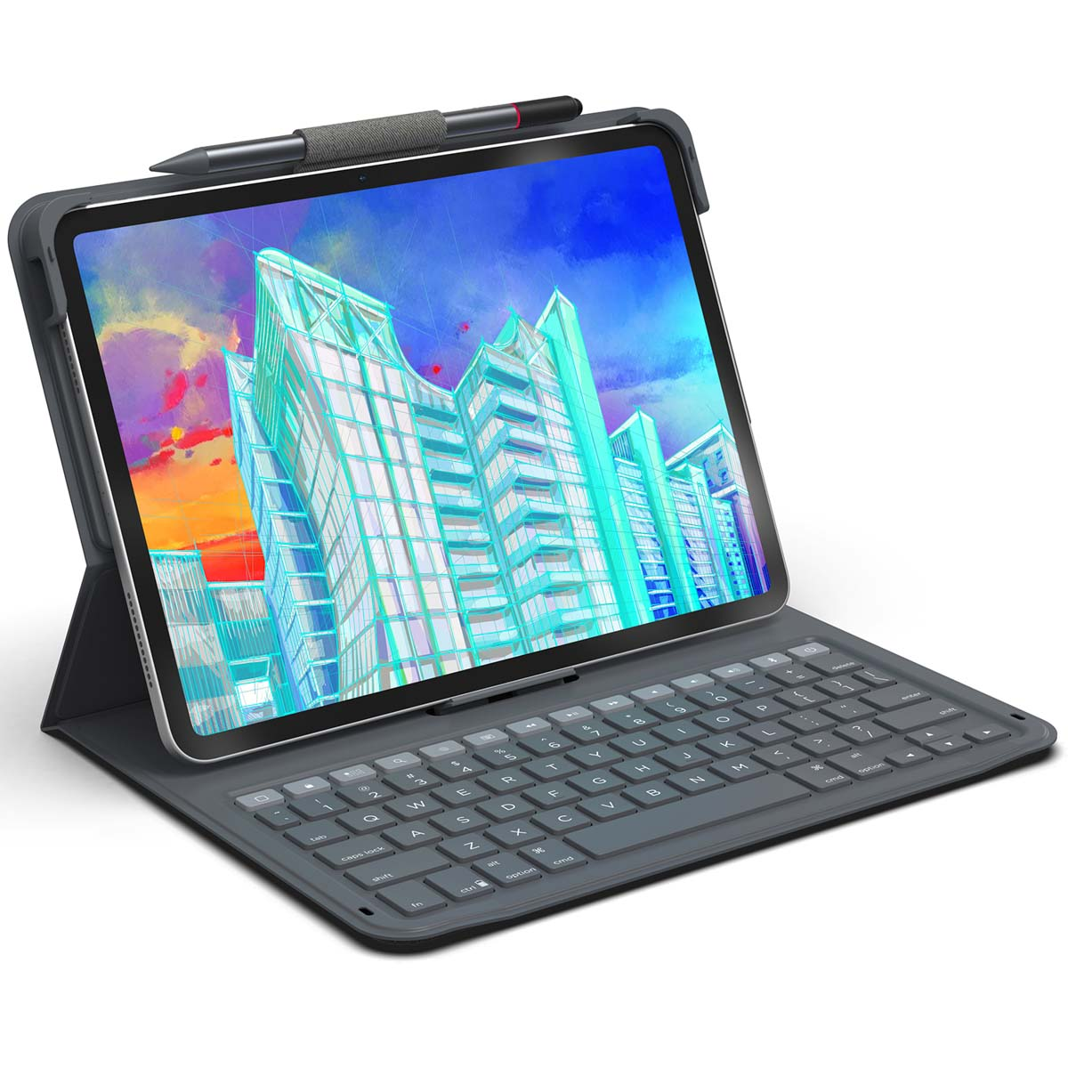 Tablet met toetsenbordhoes. Scherm toont een gebouw grafiek. Pen ligt bovenop.
