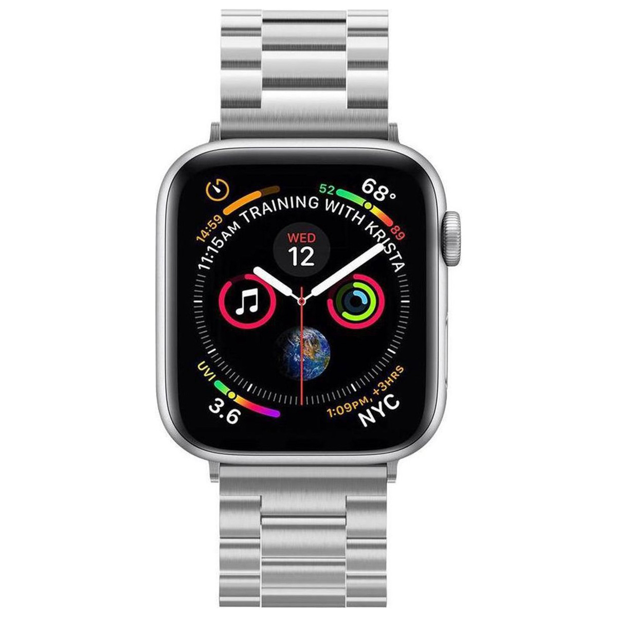 Srebrny Apple Watch z metalową bransoletą. Wyświetla godzinę, datę i informacje.