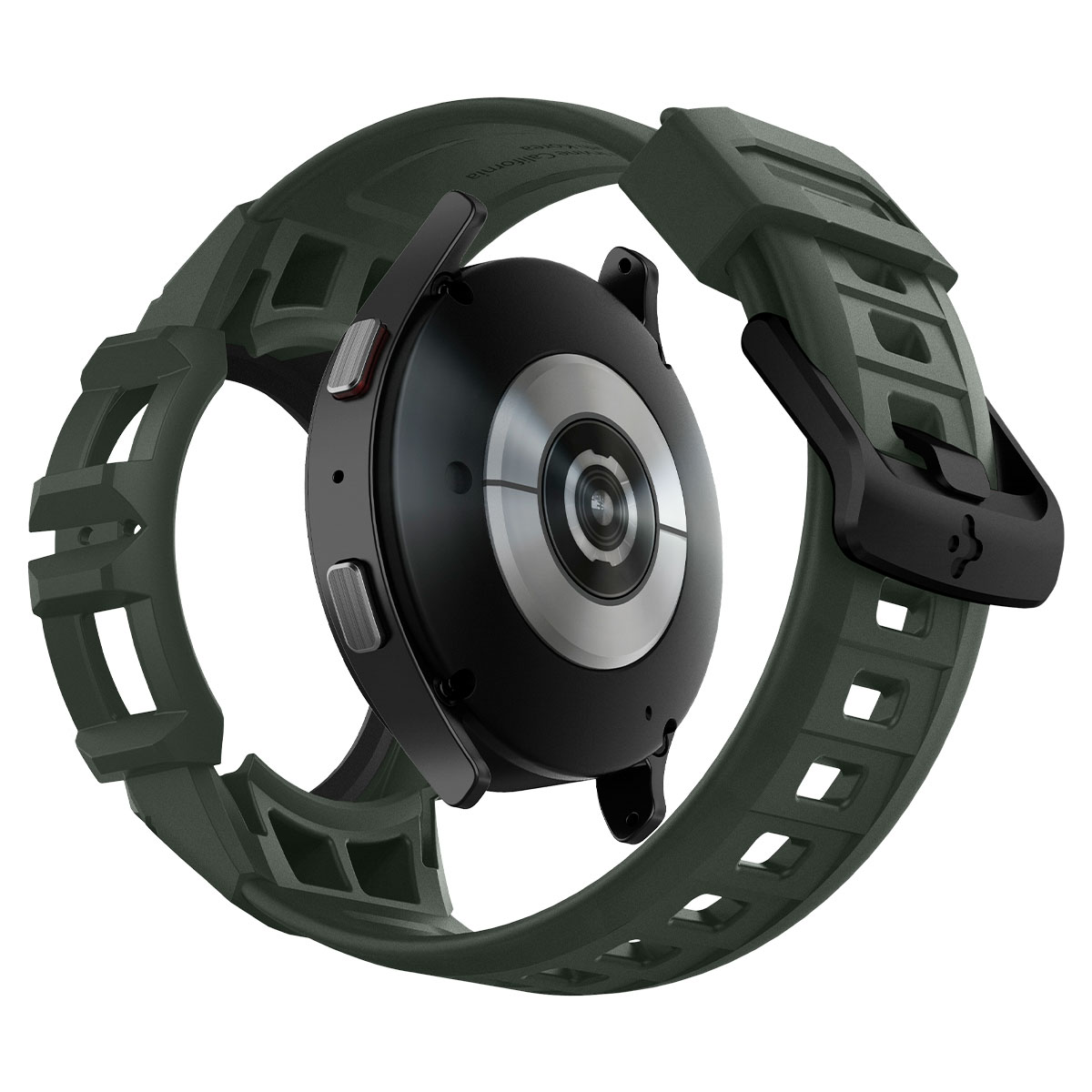 Zielony pasek smartwatch z czarną tarczą, widok z tyłu i pasek do zegarka.