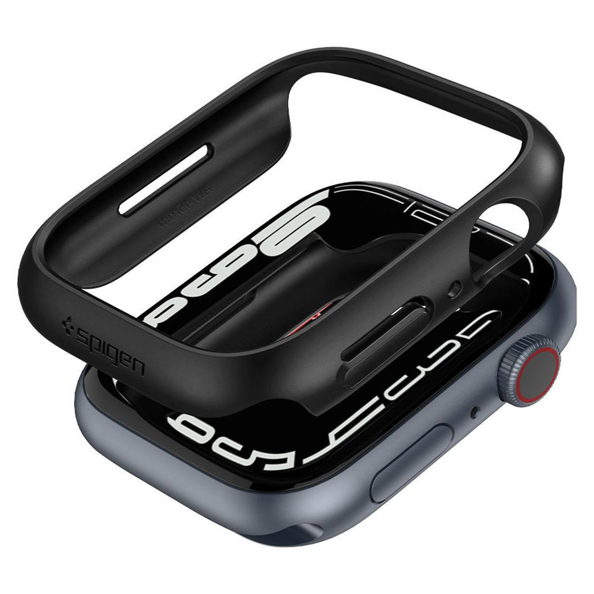 Czarne etui Apple Watch z ramką ochronną. Zegarek jest w etui, ramka jest oddzielna.