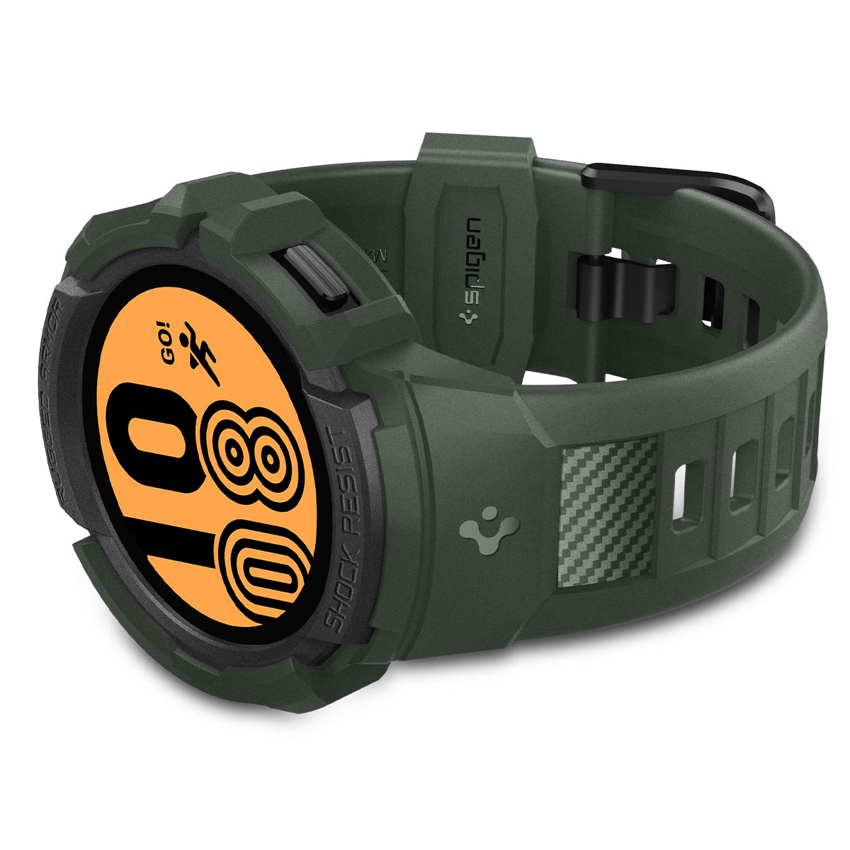 Zielony smartwatch na białej powierzchni. Tarcza zegarka pokazuje godzinę i słowo GO! w kolorze pomarańczowym.