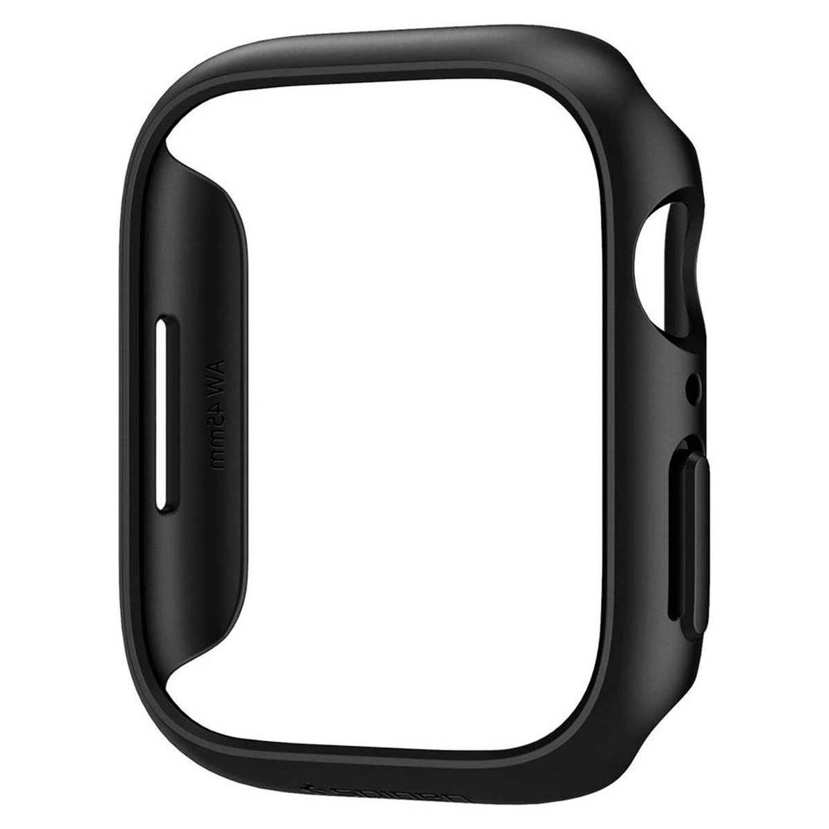 Czarna obudowa Apple Watch. Czarna obudowa w kształcie litery D. Obudowa ma oznaczenia mm i WA.