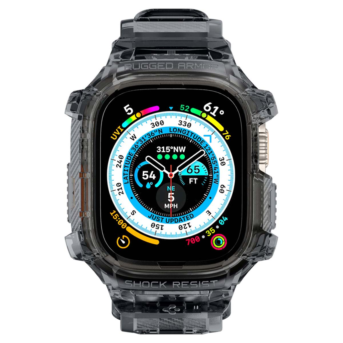 Smartwatch z wytrzymałą obudową wyświetla dane, w tym wysokość, prędkość i kierunek kompasu. Obudowa jest przezroczysta.