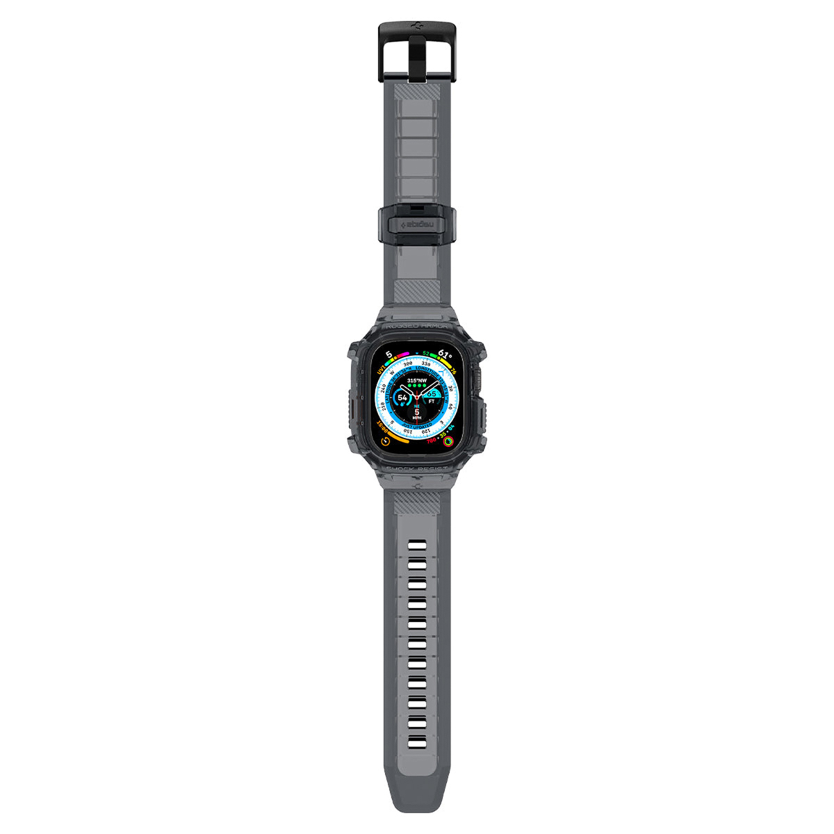 Szary smartwatch z czarną ramką i paskiem. Tarcza zegarka wyświetla dane. Pasek ma klamrę i prostokątne wycięcia.