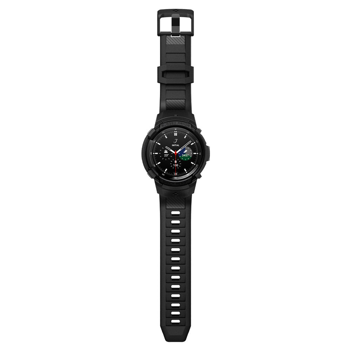 Smartwatch nero con schermo nero, armatura robusta e cinturino lungo nero.
