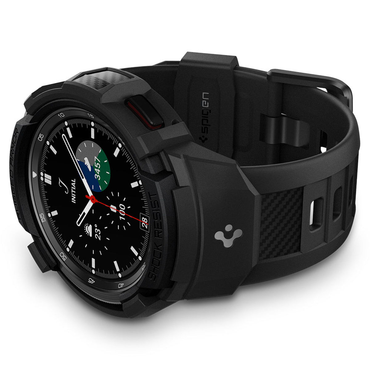 Smartwatch nero con schermo nero, armatura robusta e cinturino nero. Vista laterale.