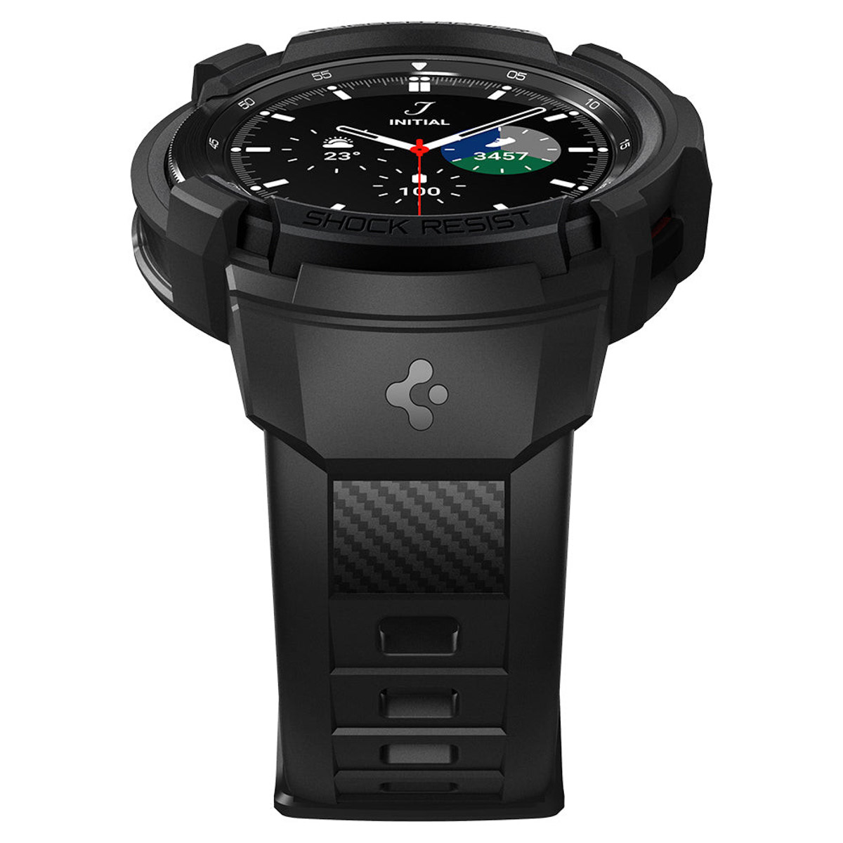 Smartwatch nero con schermo nero, armatura robusta e cinturino nero. Vista dall'alto.