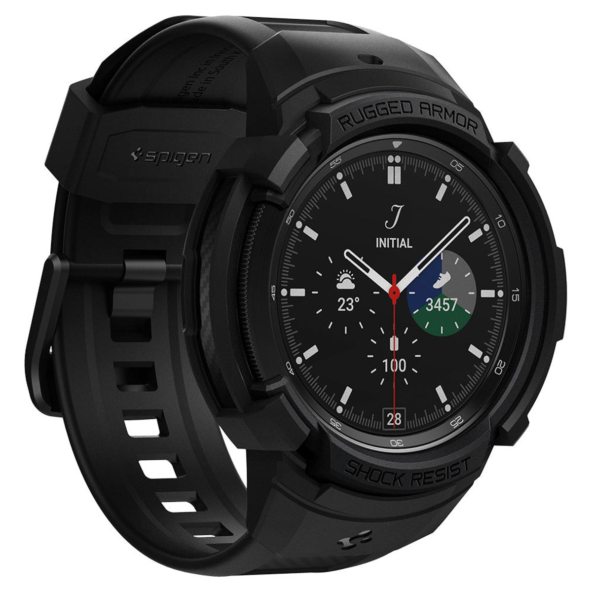 Smartwatch nero con schermo nero, armatura robusta e cinturino nero. Primo piano.