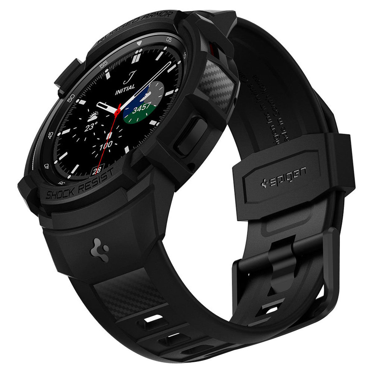 Smartwatch nero con schermo nero, armatura robusta e cinturino nero. Vista angolata.