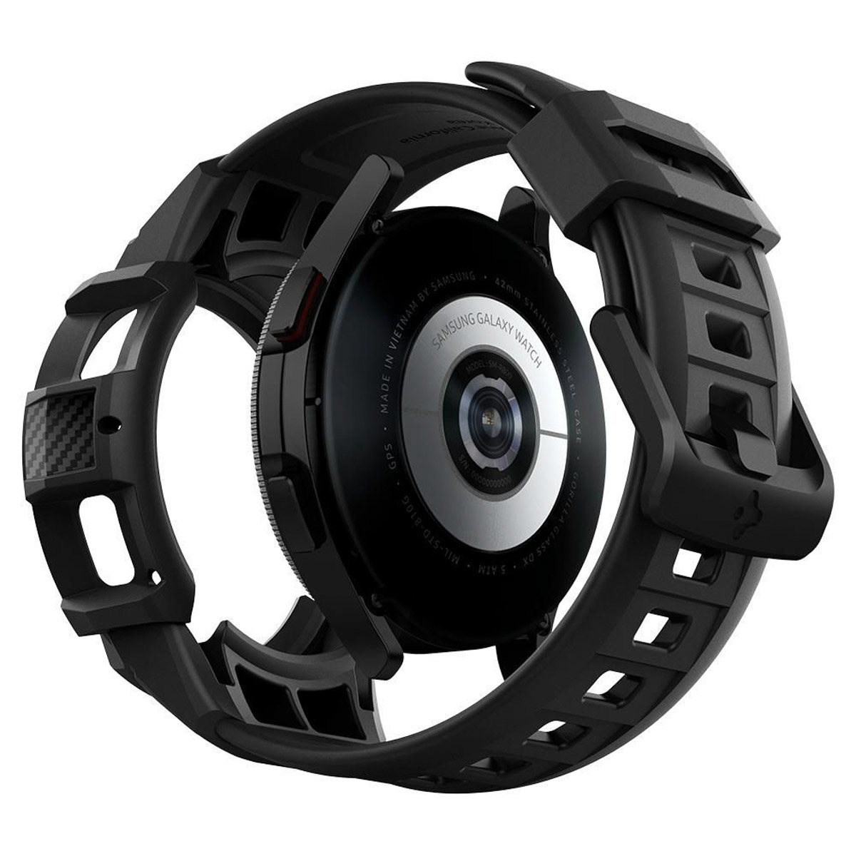 Zwarte smartwatch met ronde wijzerplaat en robuuste band, de achterkant zichtbaar.