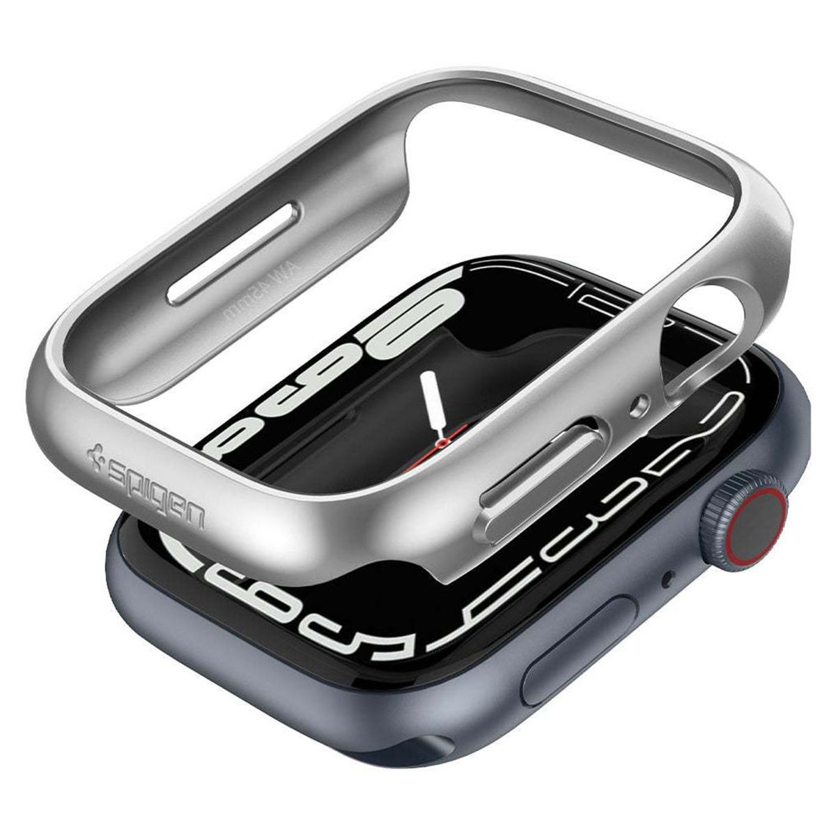 Srebrne etui Spigen na ciemnym Apple Watch, widoczna tarcza zegarka.