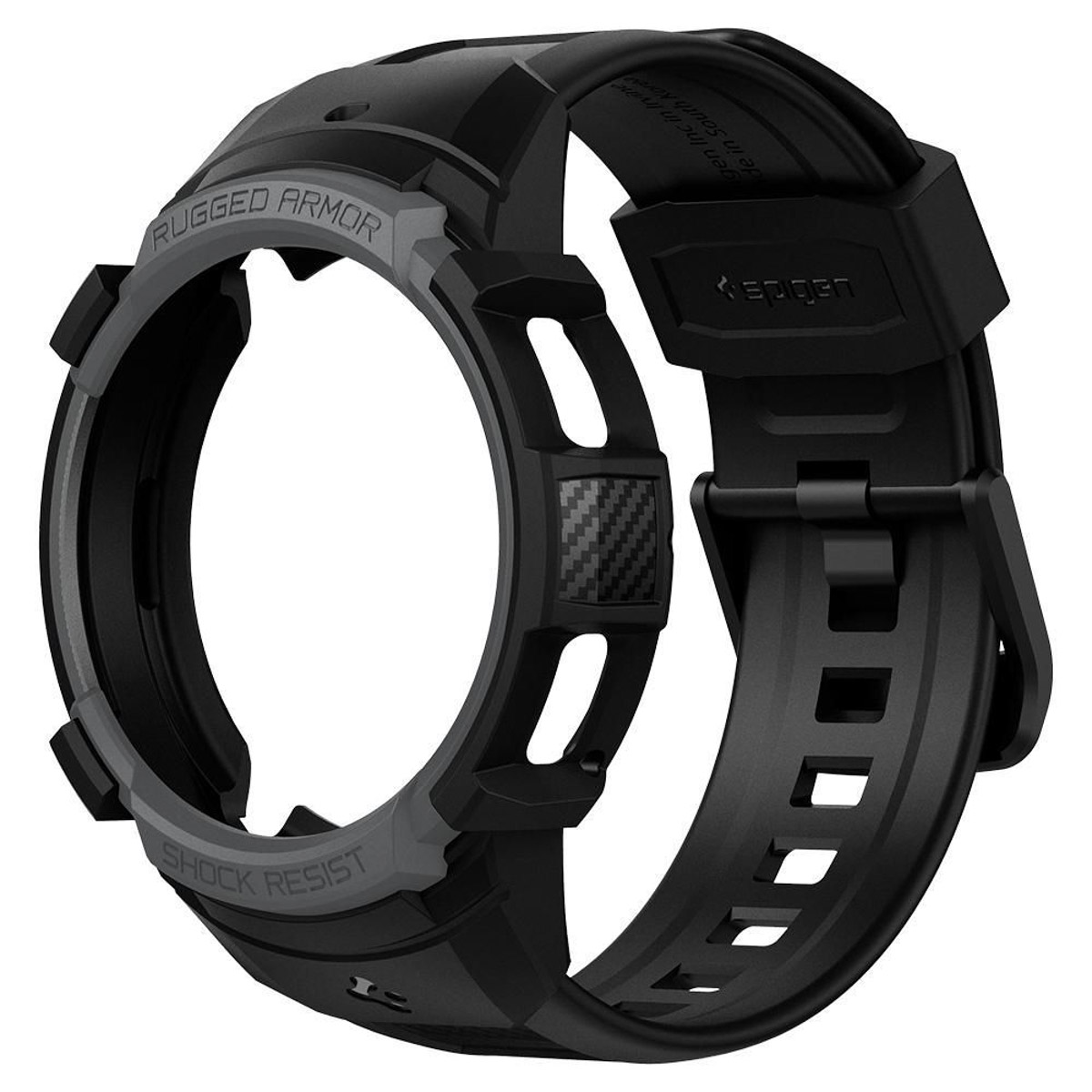 Zwart en grijs horlogeband met "Rugged Armor" en "Shock Resist" tekst.