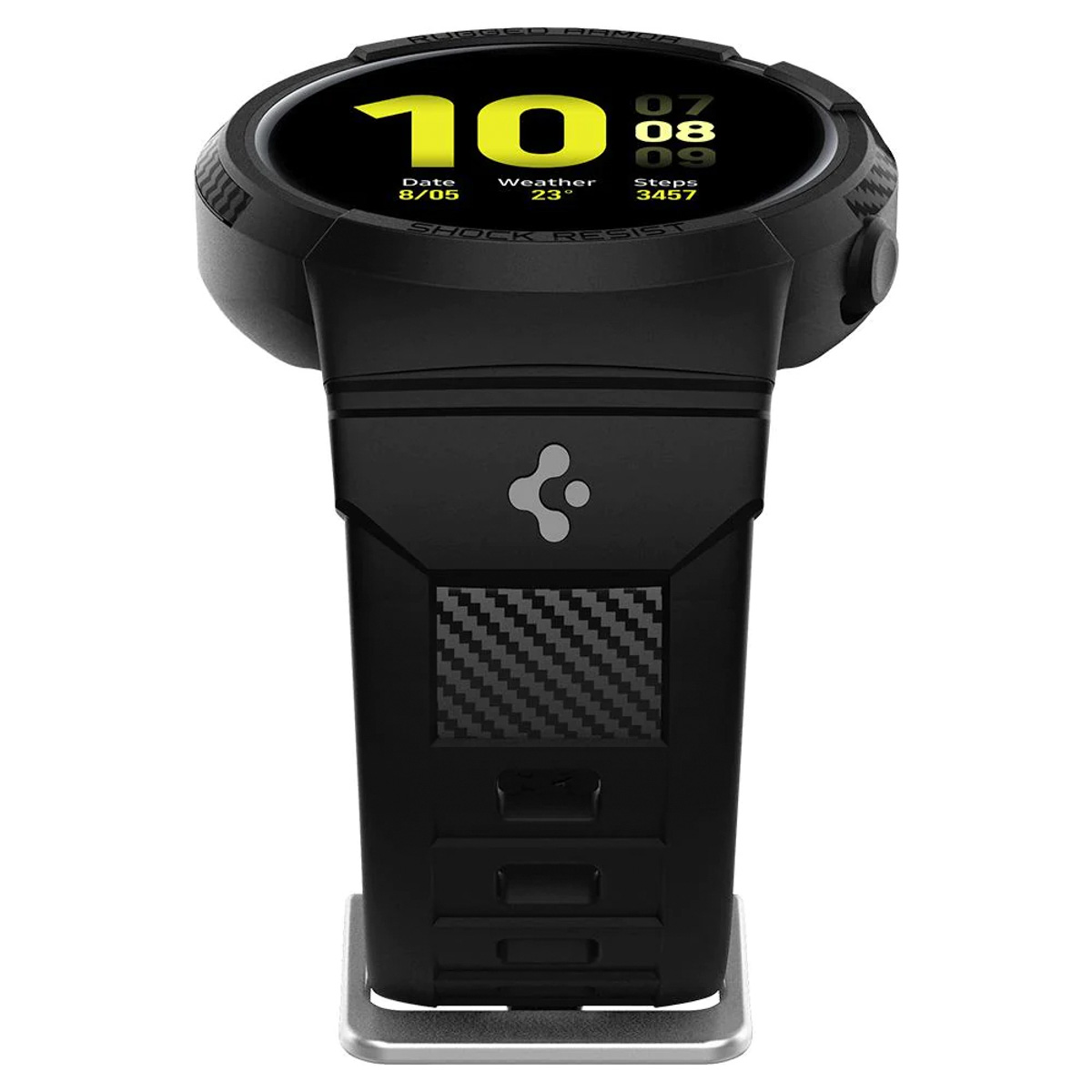 Czarny smartwatch z czarnym paskiem. Zegarek wyświetla godzinę i datę.