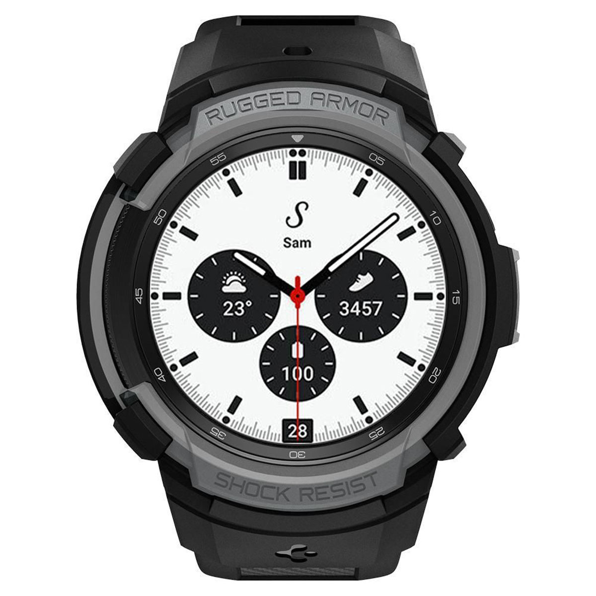 Een zwart-grijze smartwatch. De wijzerplaat toont de tijd, datum en gezondheidsstatistieken.