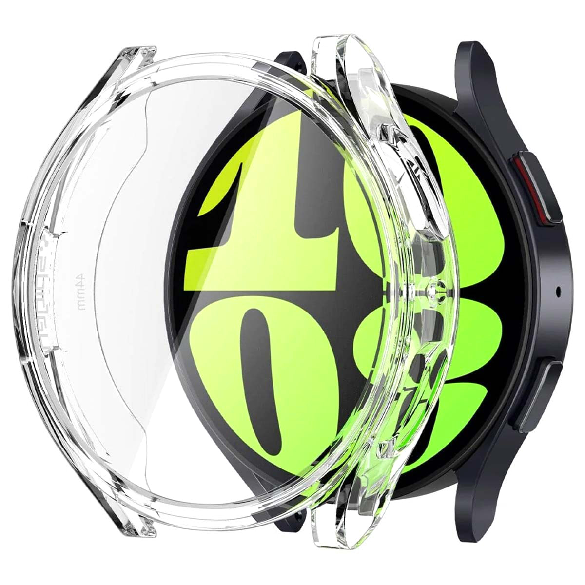 Przezroczyste etui ochronne na smartwatchu. Tarcza jest zielona z żółtymi cyframi.