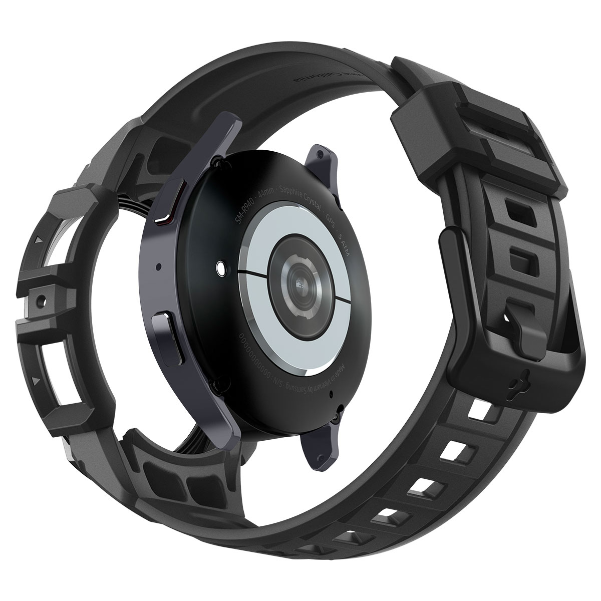 Czarny smartwatch z tyłem do góry, pokazujący czujniki i pasek przymocowany do czarnej, wytrzymałej opaski.