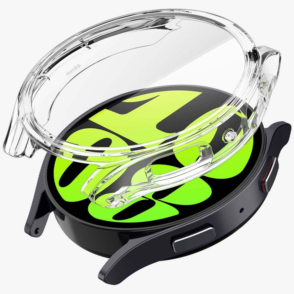 Czarny smartwatch z zielono-żółtym wyświetlaczem. Przezroczyste etui ochronne częściowo zakrywa zegarek.