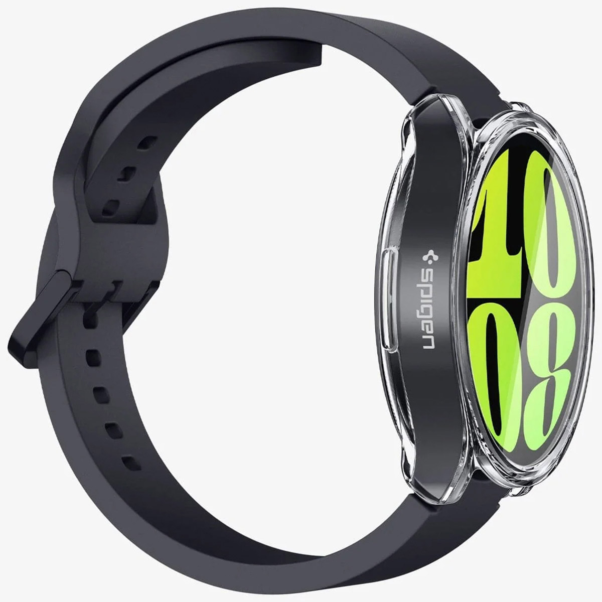 Czarny smartwatch z przezroczystą obudową i jasnozieloną tarczą.