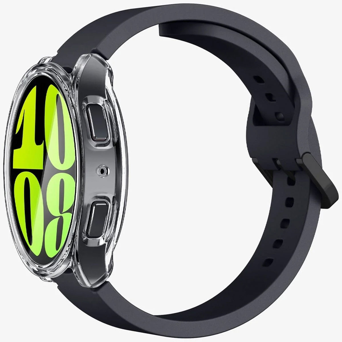 Smartwatch z czarnym paskiem i przezroczystą osłoną na tarczy.