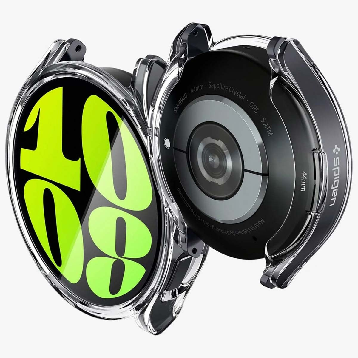 Przezroczysta obudowa zegarka, pokazująca tył zegarka. Godzina z zielonymi cyframi.