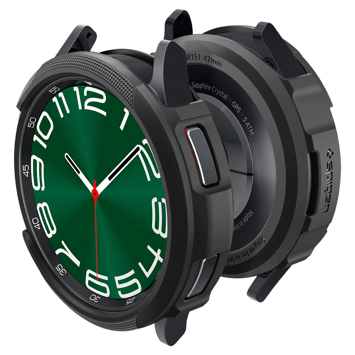 Czarny zegarek z zieloną tarczą, białymi cyframi i czarną obudową ochronną.