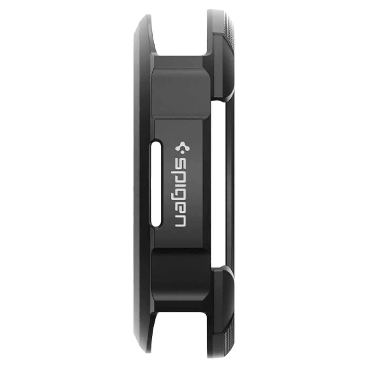 Czarna obudowa smartwatcha z logo Spigen. Prosty design z prostokątnymi wycięciami.