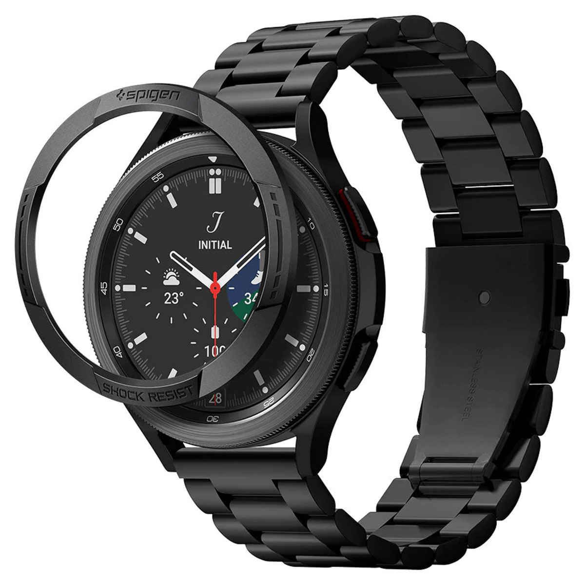 Zwart horloge met een zwarte metalen band. De wijzerplaat is zwart met witte en rode details.