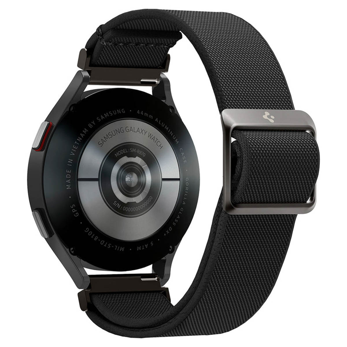 Zwarte smartwatch met een zwarte band, de achterkant van het horloge is zichtbaar. Witte achtergrond.