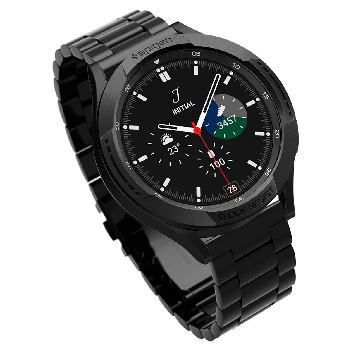 Zwarte smartwatch met zwarte metalen band. Wijzerplaat toont tijd, weer en initiaal. Zwarte lunette.