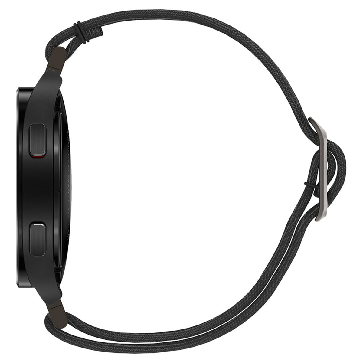 Zwarte smartwatch met een zwarte band. De zijkant van het horloge is zichtbaar.