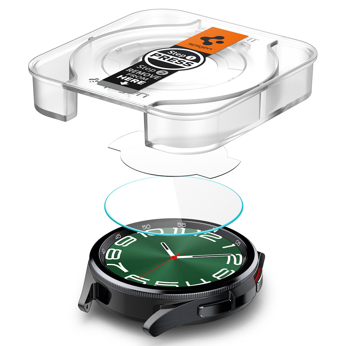 Smartwatch met een groen scherm en een heldere schermbeschermer, in een hoesje.