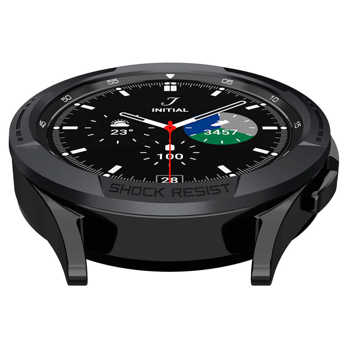 Zwarte smartwatch met zwarte behuizing en wijzerplaat, toont datum, tijd, weer en andere informatie.