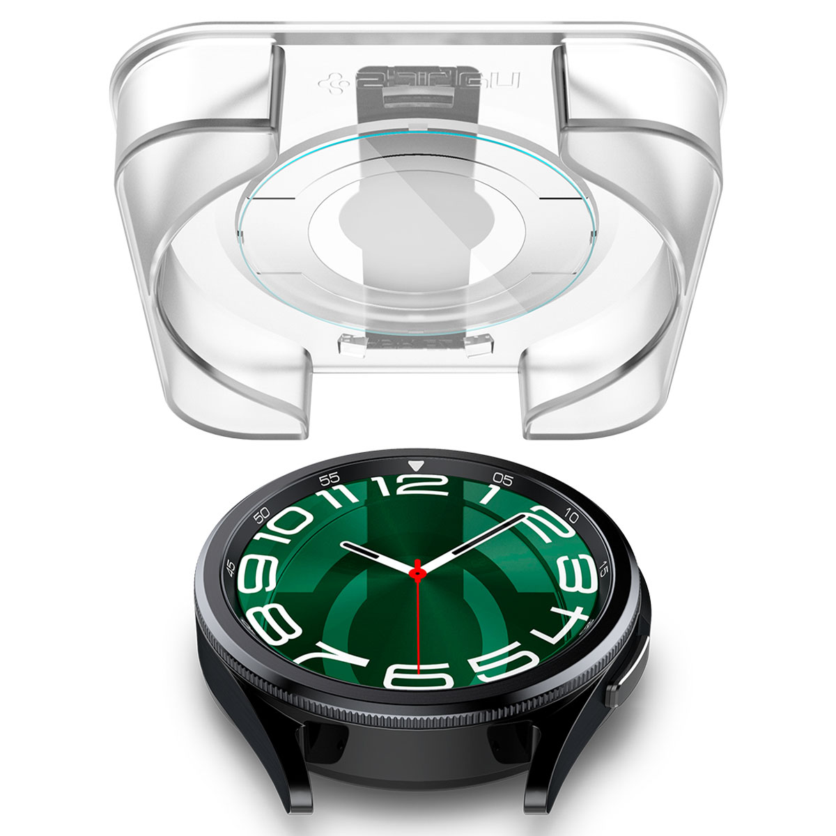 Een horloge en een beschermhoes. Wijzerplaat is groen met witte cijfers. Witte achtergrond. Bovenaanzicht.