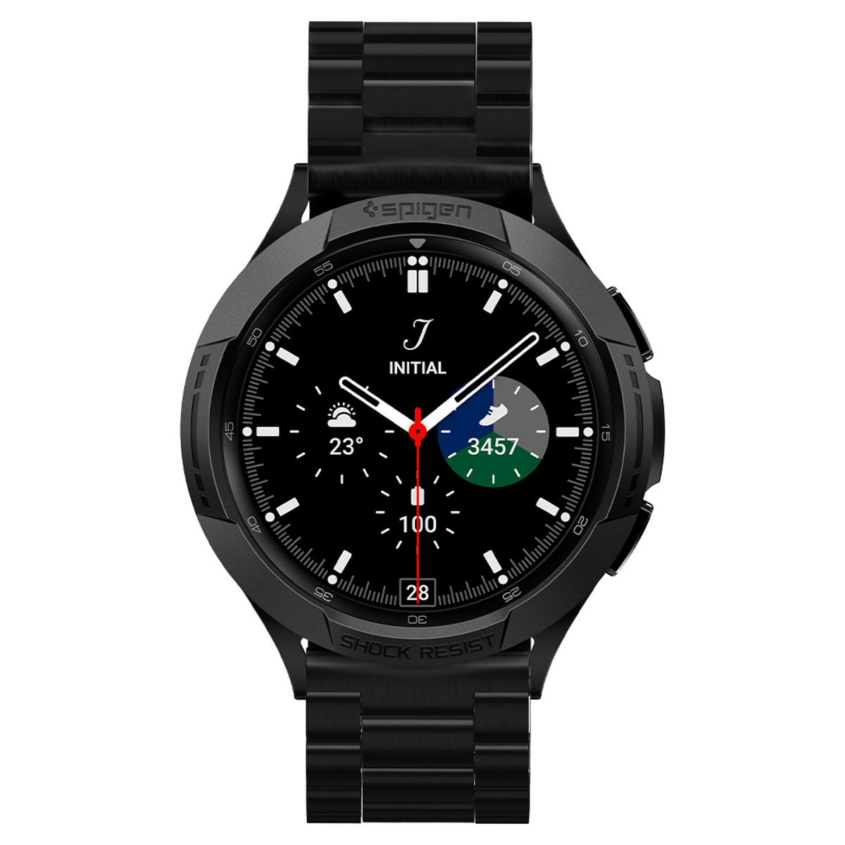 Zwarte smartwatch met een zwarte metalen band. De wijzerplaat toont tijd en data.