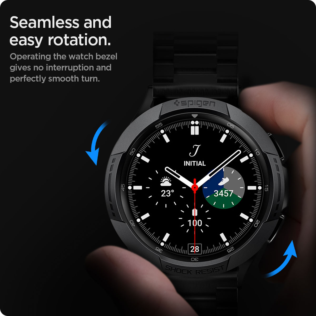 Smartwatch met een zwarte band en een wijzerplaat. De wijzerplaat toont de tijd en datum.