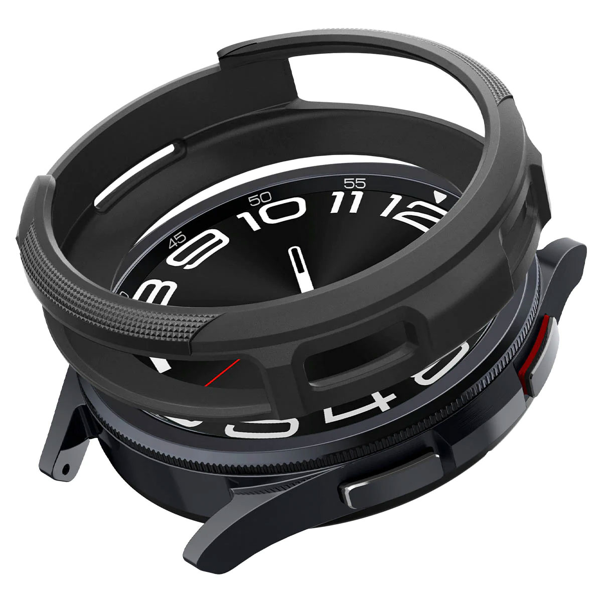 Smartwatch met zwarte beschermrand. Rand verwijderd, wijzerplaat zichtbaar.