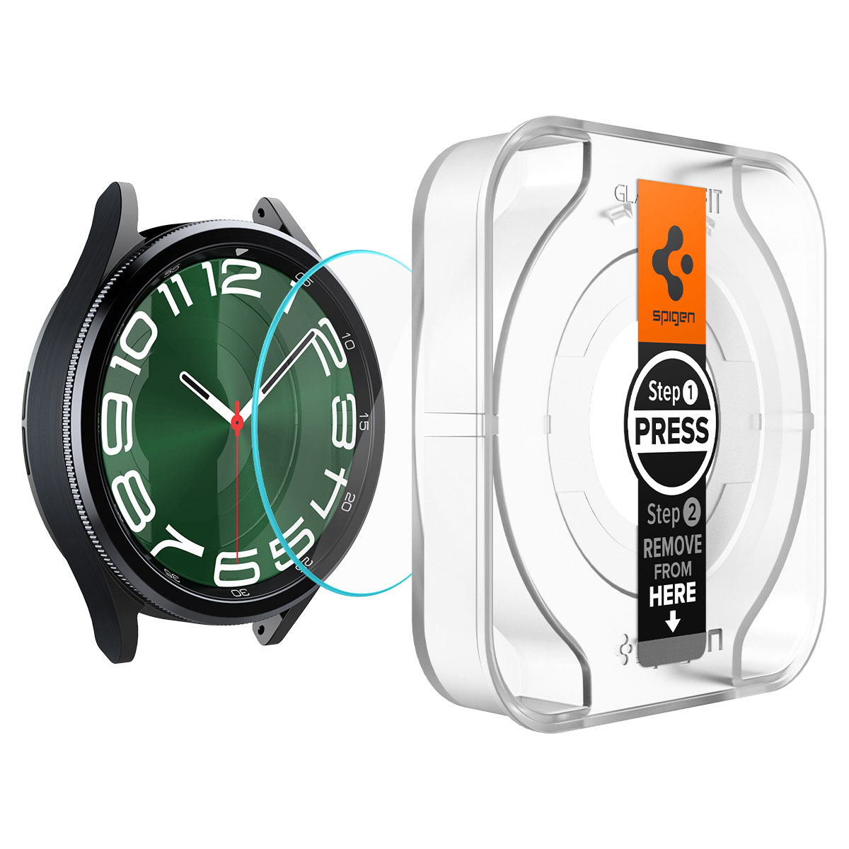 Horloge met groene wijzerplaat, witte cijfers en een zwarte beschermhoes. Een screenprotector.