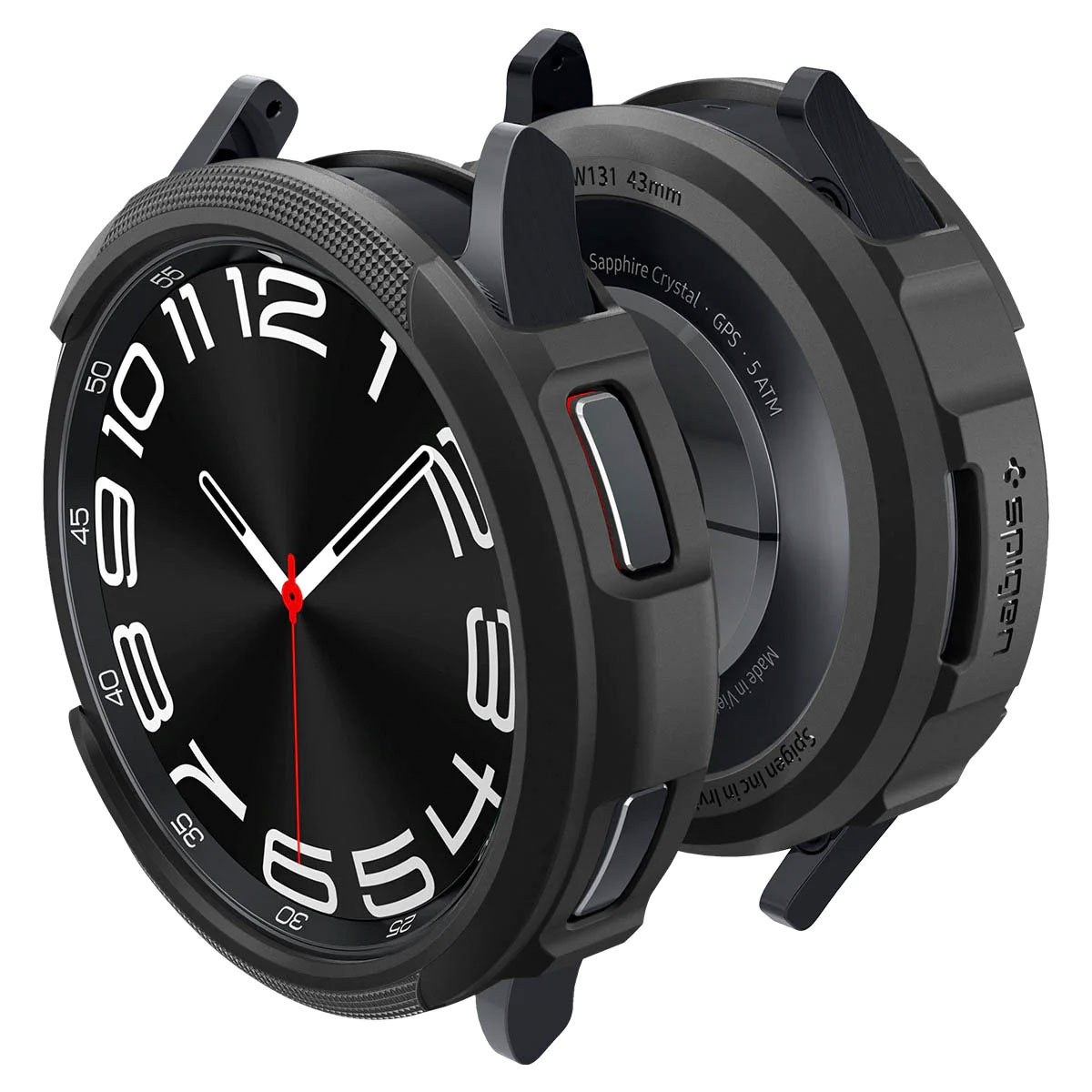 Zwart horloge met zwarte kast, cijfers zichtbaar, kast open.