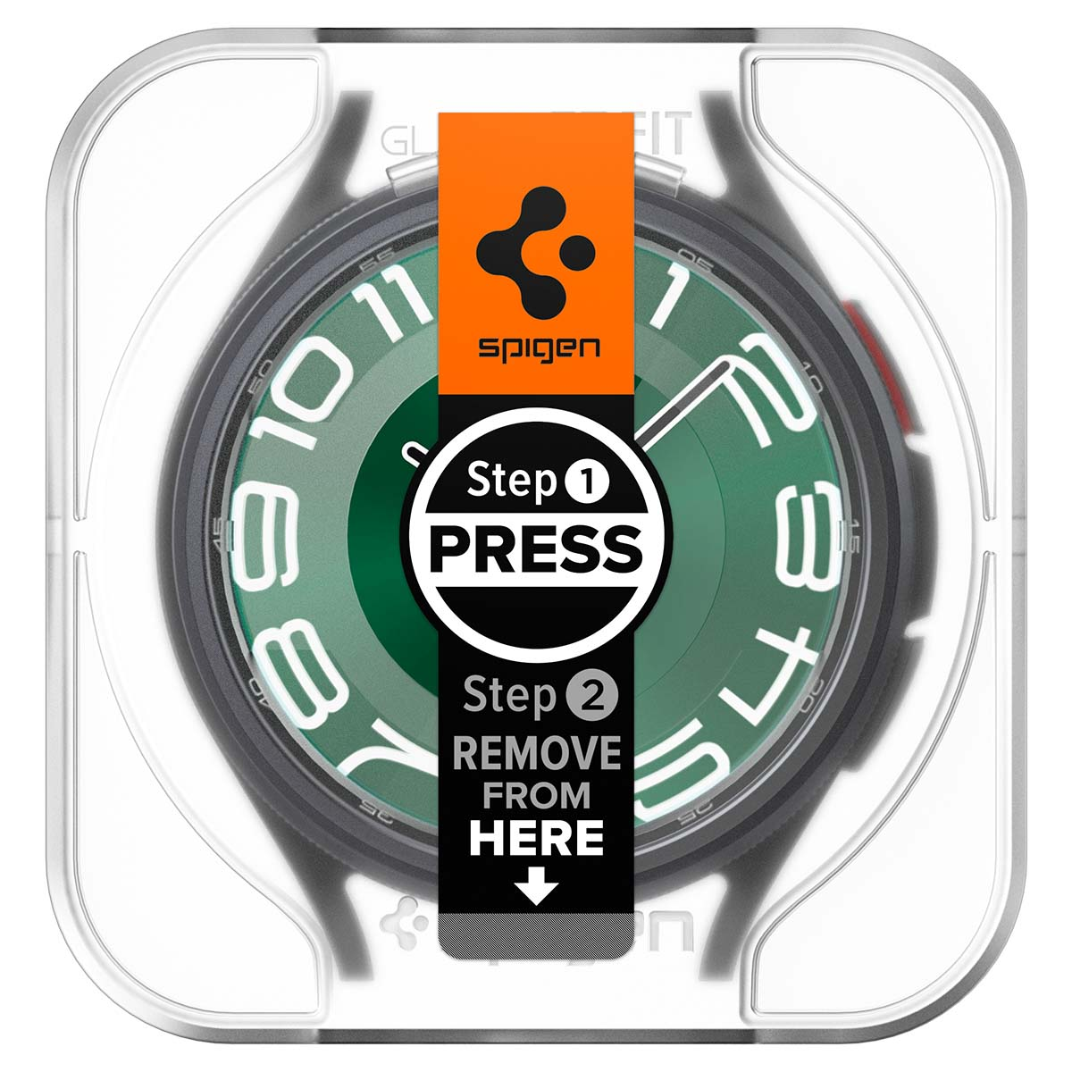 Smartwatch-wijzerplaat met Spigen-sticker, toont groene en witte wijzerplaat.