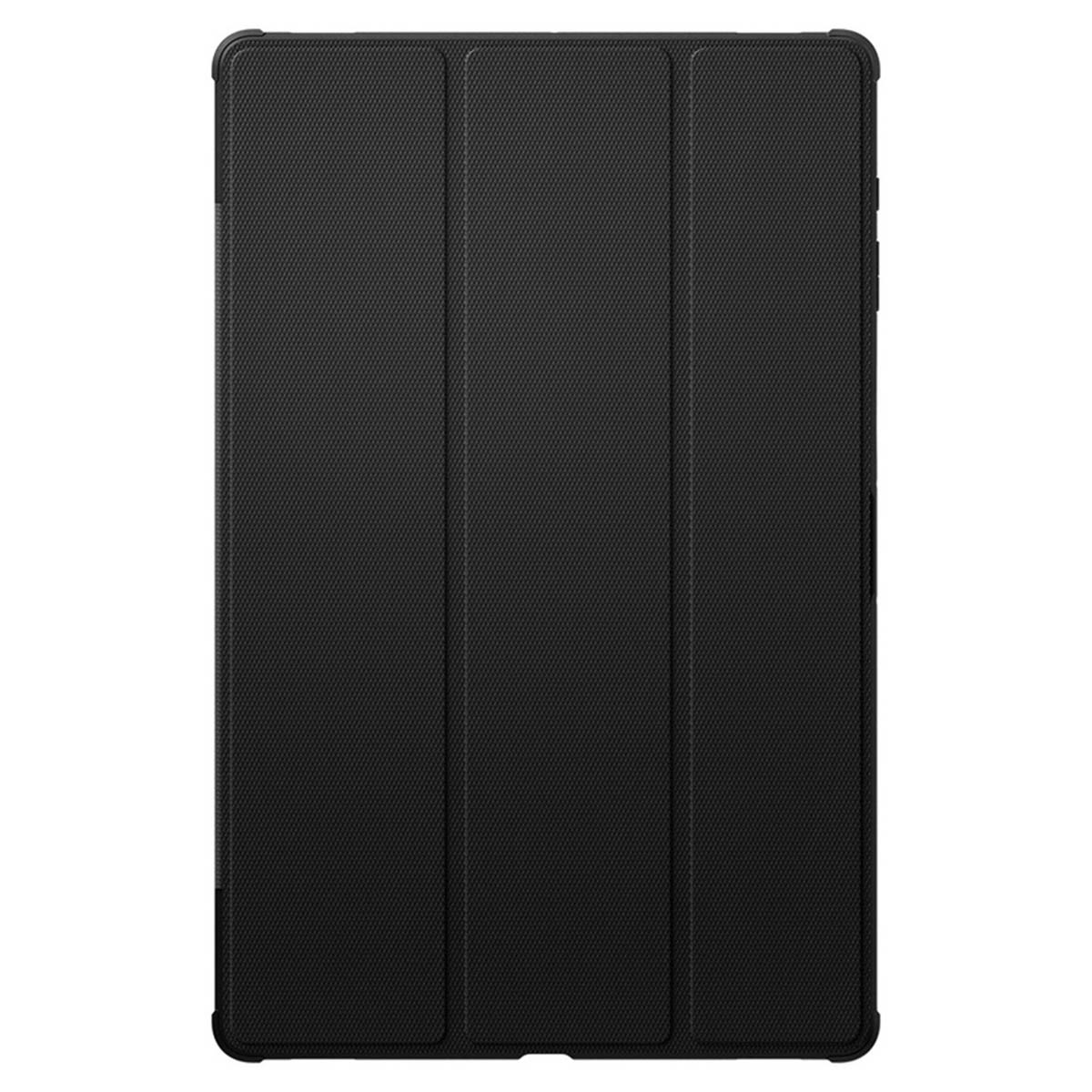 Black tablet case, closed. It has a textured surface and a simple, functional design.