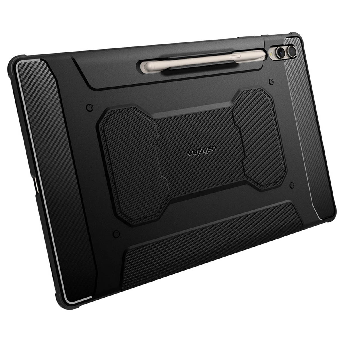 Black tablet with protective case and stylus holder, Spigen logo on the back.